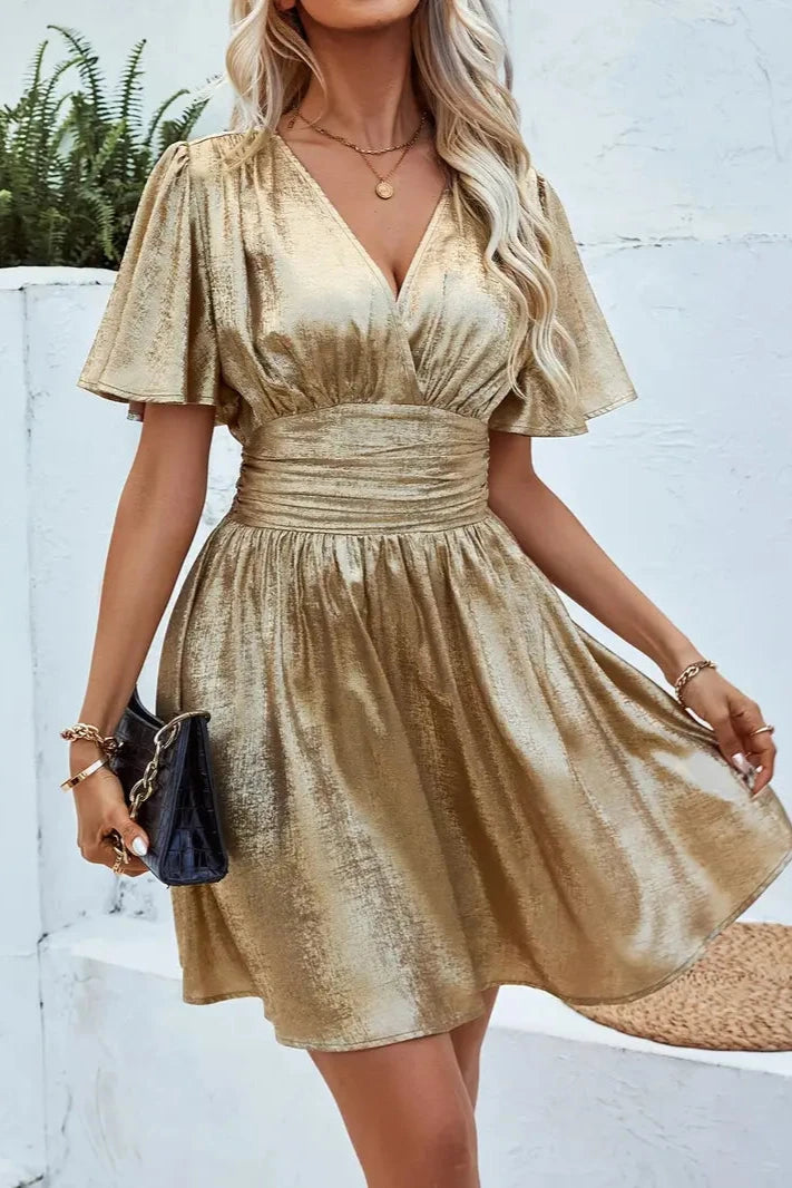 Laurie | Robe courte fluide à manches papillon et effet métallisé pour femme