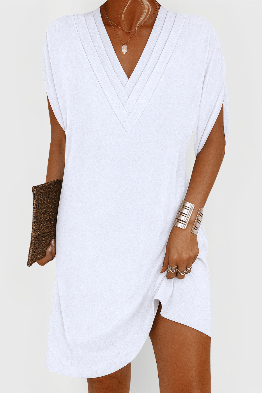 Céline |Robe Courte à Col V en Tissu Fluide