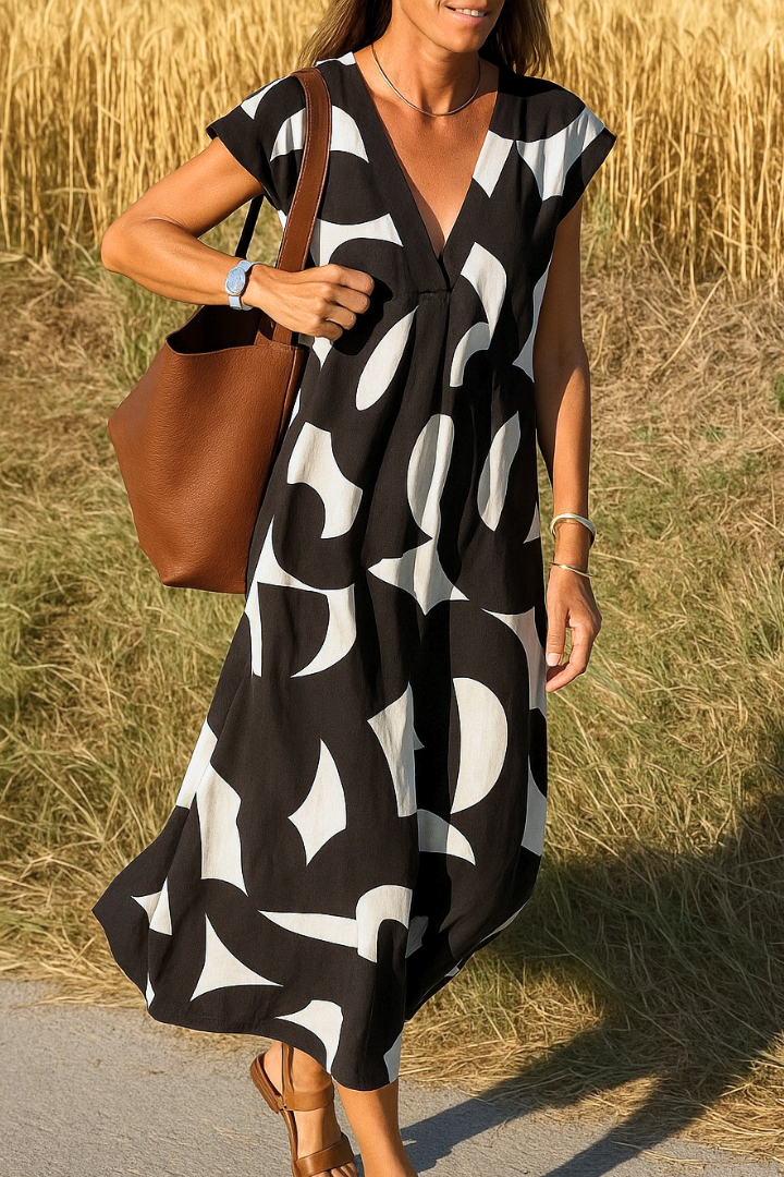 Éden | Robe d’été midi à imprimé graphique noir et blanc