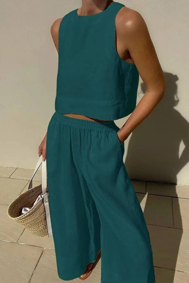 Livia | Ensemble en lin avec top sans manches et pantalon large pour femme