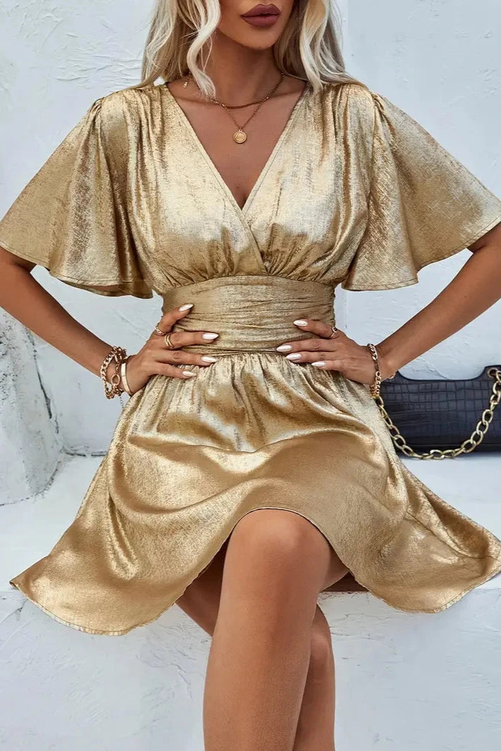 Laurie | Robe courte fluide à manches papillon et effet métallisé pour femme