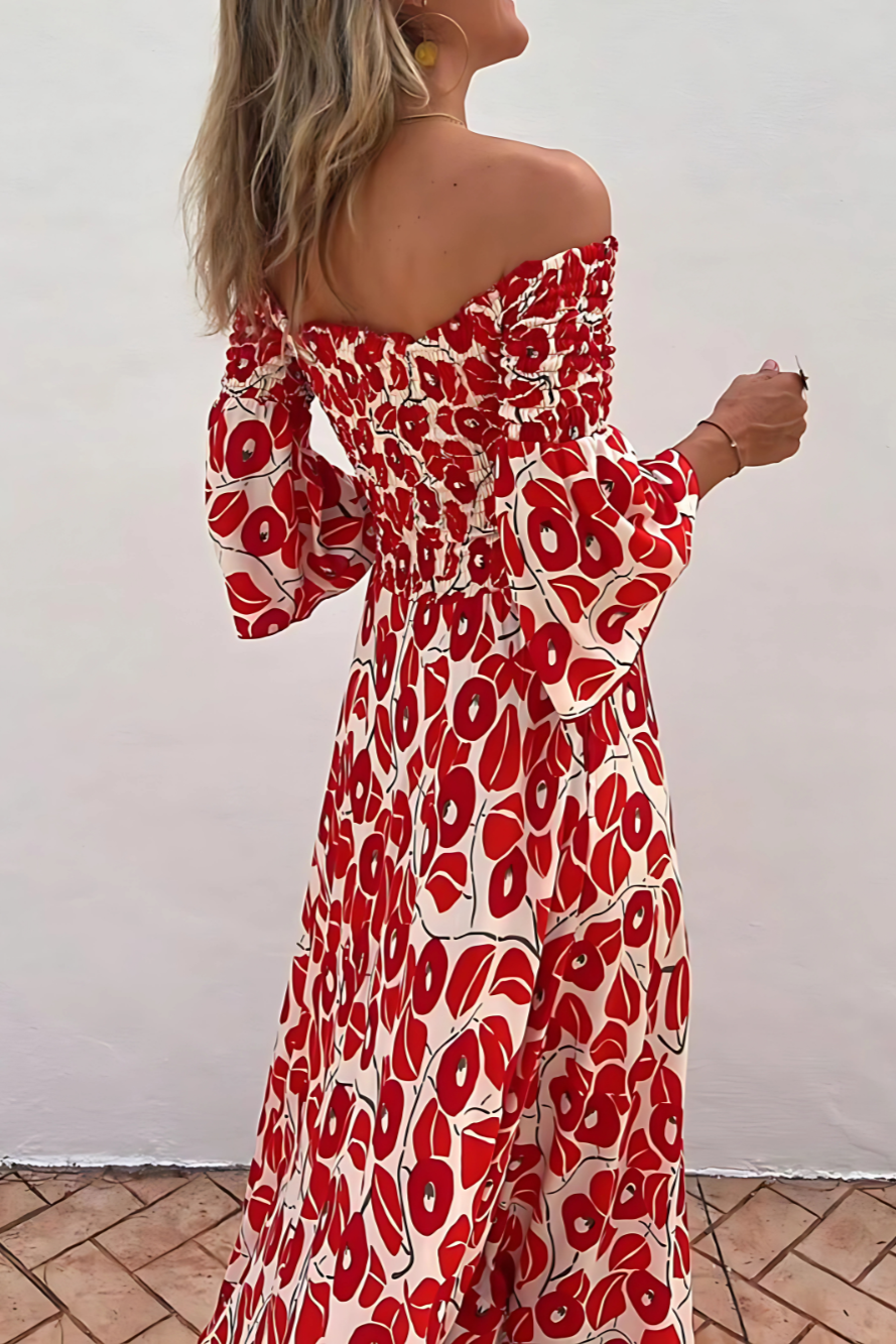Chiara | Robe longue à épaules dénudées et imprimé floral rouge pour femme