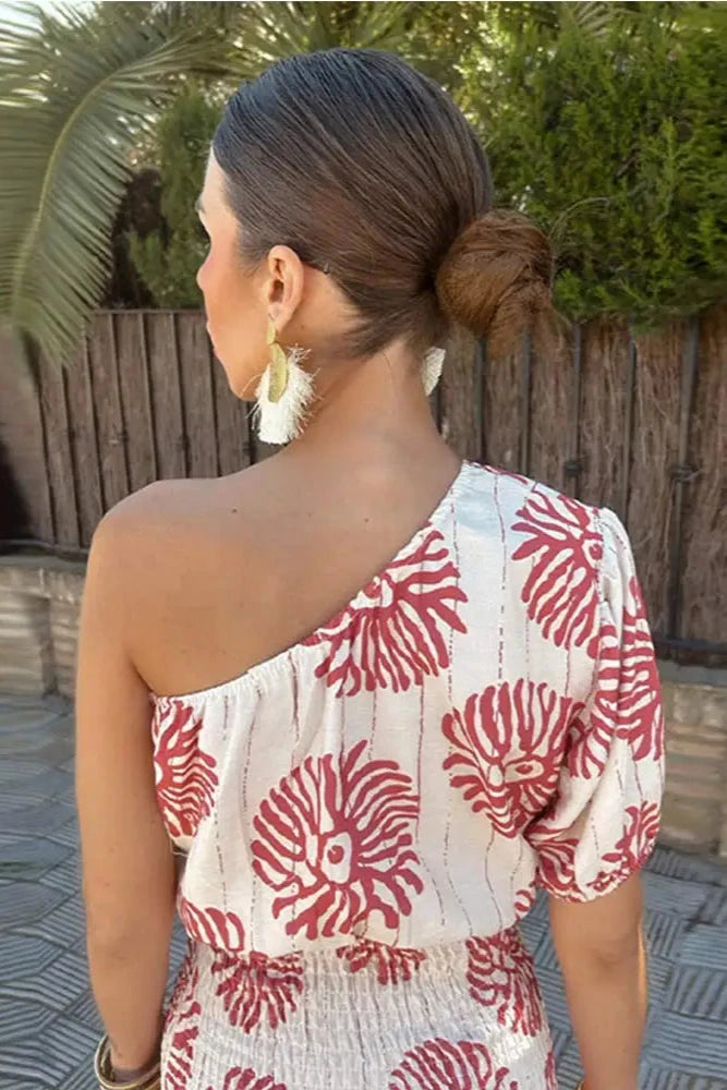 Élodie | Robe asymétrique à imprimé floral corail pour femme