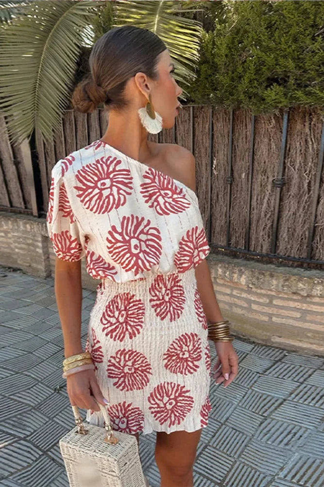 Élodie | Robe asymétrique à imprimé floral corail pour femme