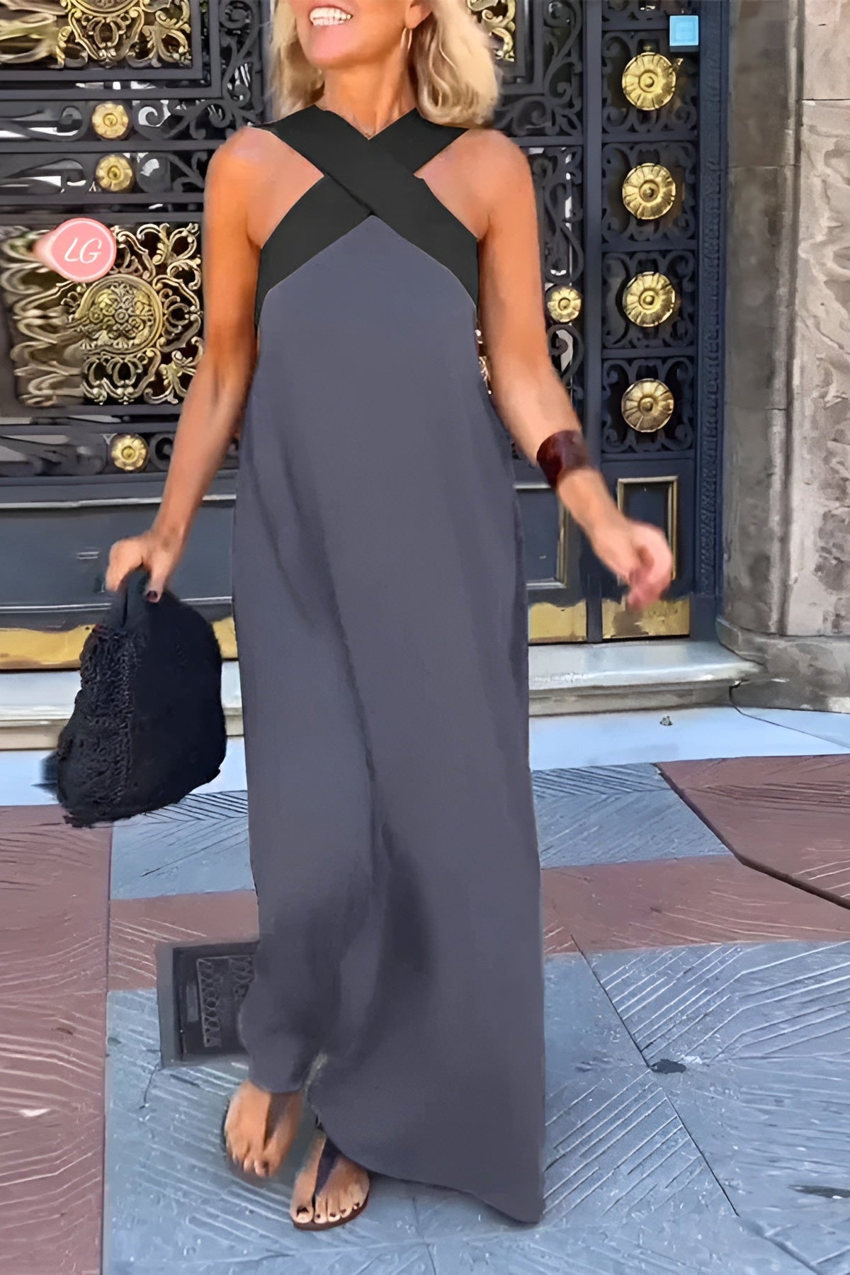 Ariane | Robe longue croisée à l’encolure contrastée