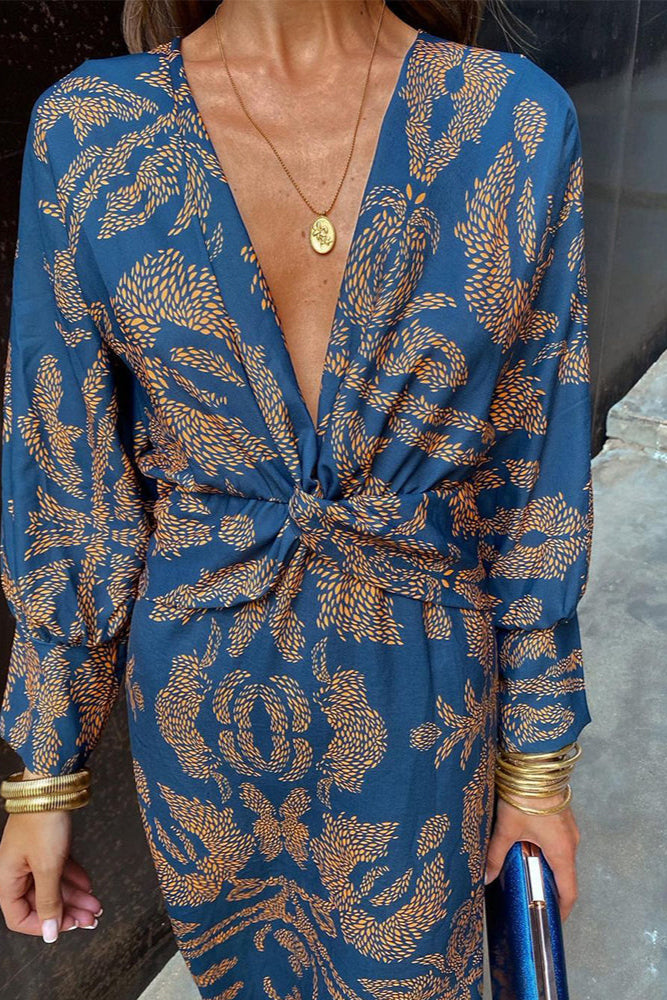 Yasmine | Robe midi à manches longues et imprimé doré pour femme