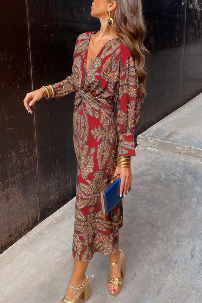 Yasmine | Robe midi à manches longues et imprimé doré pour femme