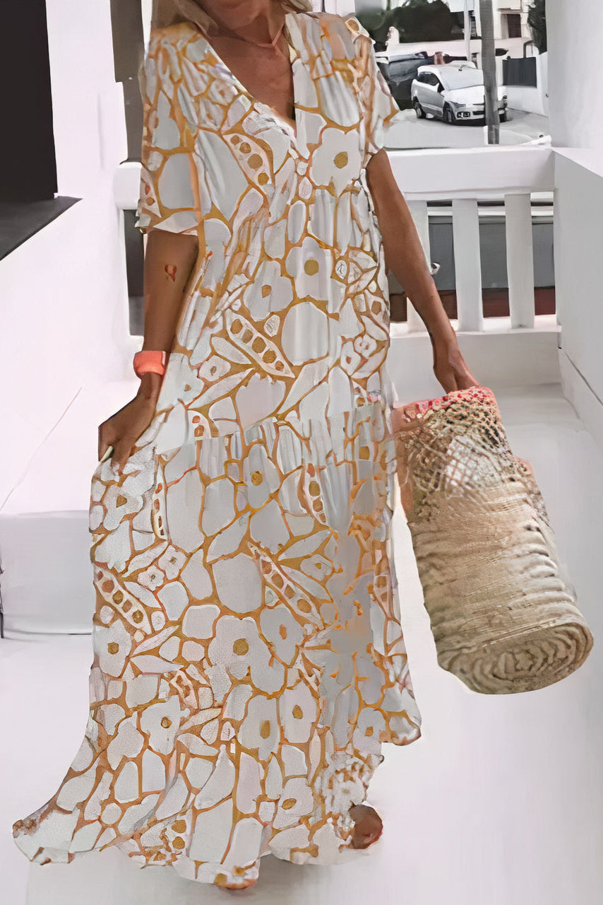Louna | Robe Longue Bohème à Imprimé Floral Vert et Blanc