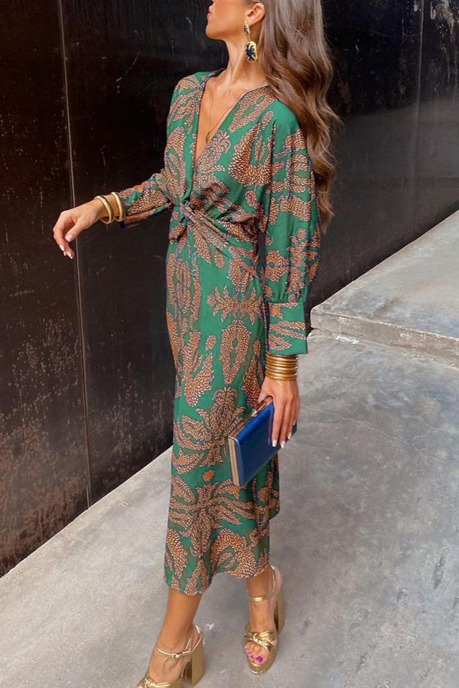 Yasmine | Robe midi à manches longues et imprimé doré pour femme