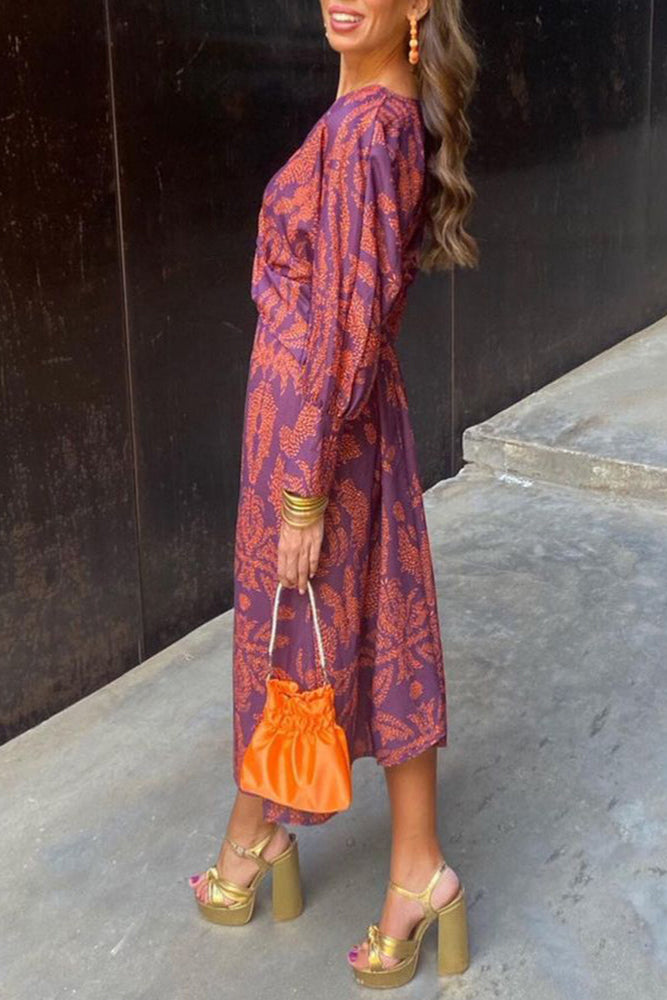 Yasmine | Robe midi à manches longues et imprimé doré pour femme