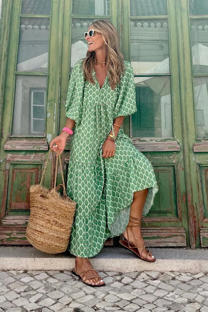 Louna | Robe longue bohème à imprimé géométrique et manches évasées pour femme