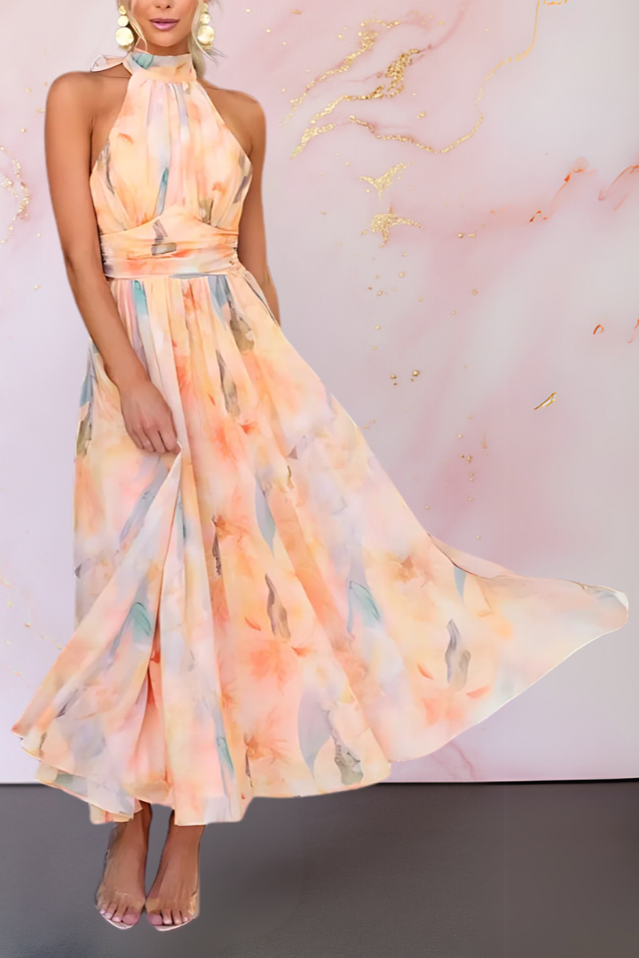 Aurélie | Robe longue sans manches à col montant et imprimé aquarelle pour femme