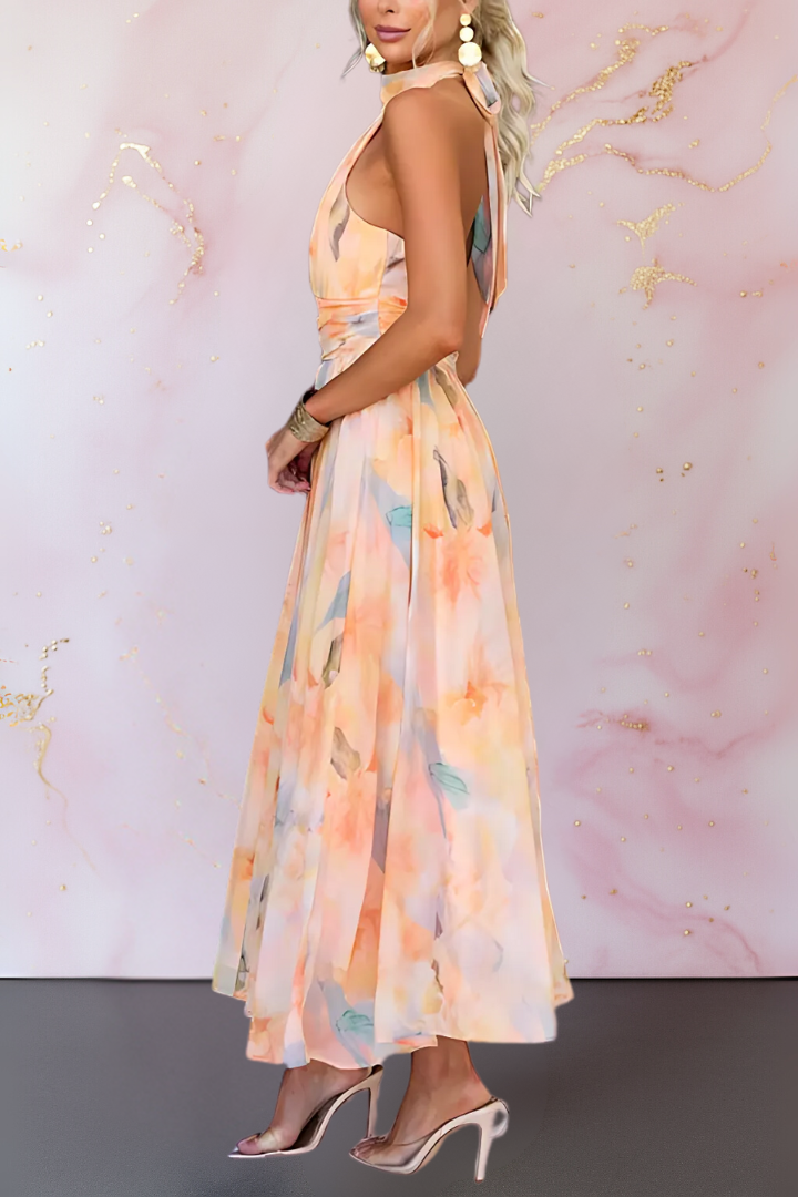 Aurélie | Robe longue sans manches à col montant et imprimé aquarelle pour femme