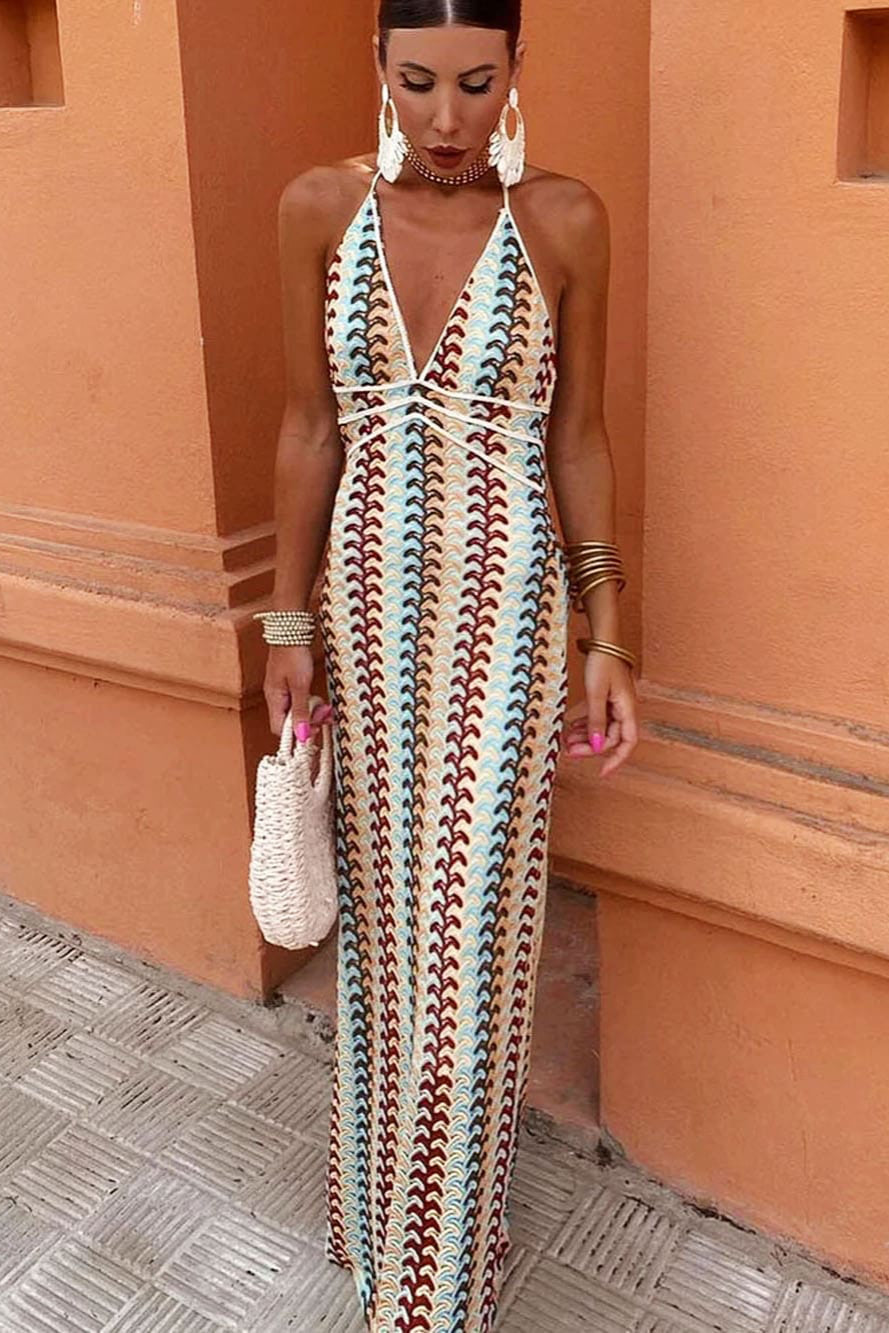 Sabrina | Robe longue dos nu à imprimé géométrique pour femme