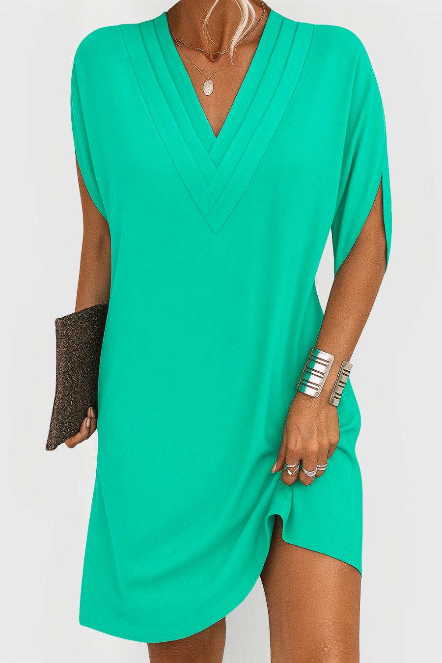 Céline |Robe Courte à Col V en Tissu Fluide
