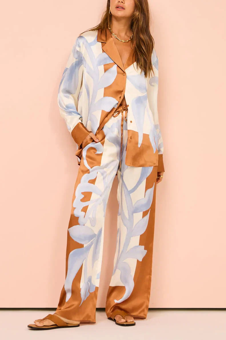 Naëlle | Ensemble pantalon fluide et chemise satinée à motif végétal pour femme