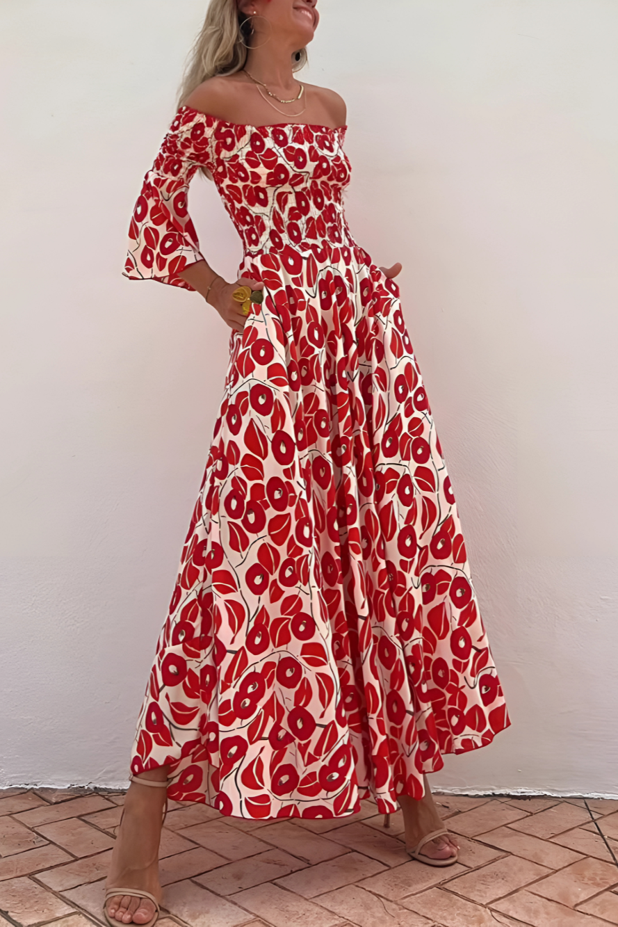 Chiara | Robe longue à épaules dénudées et imprimé floral rouge pour femme