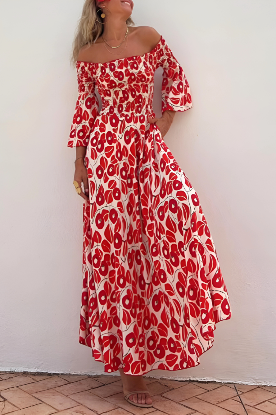 Chiara | Robe longue à épaules dénudées et imprimé floral rouge pour femme