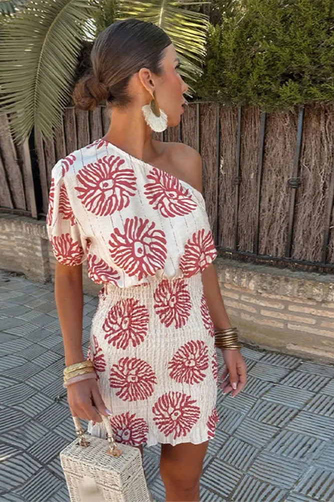 Élodie | Robe asymétrique à imprimé floral corail pour femme