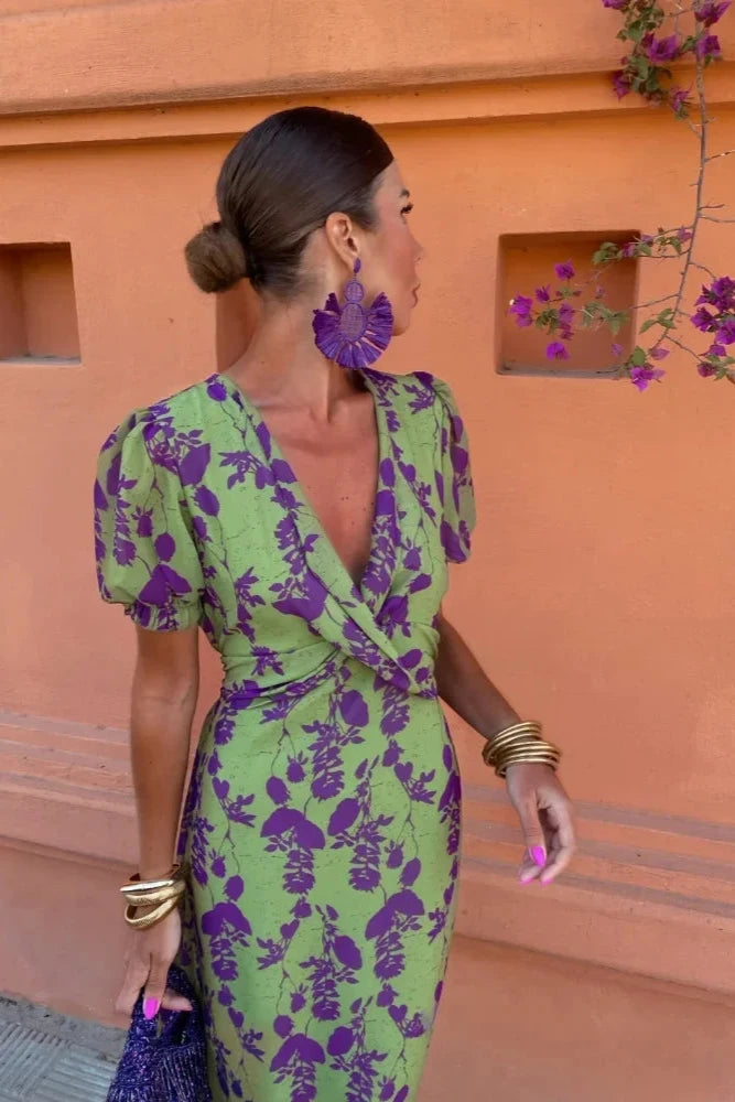 Lola | Robe portefeuille midi à manches bouffantes et imprimé floral pour femme