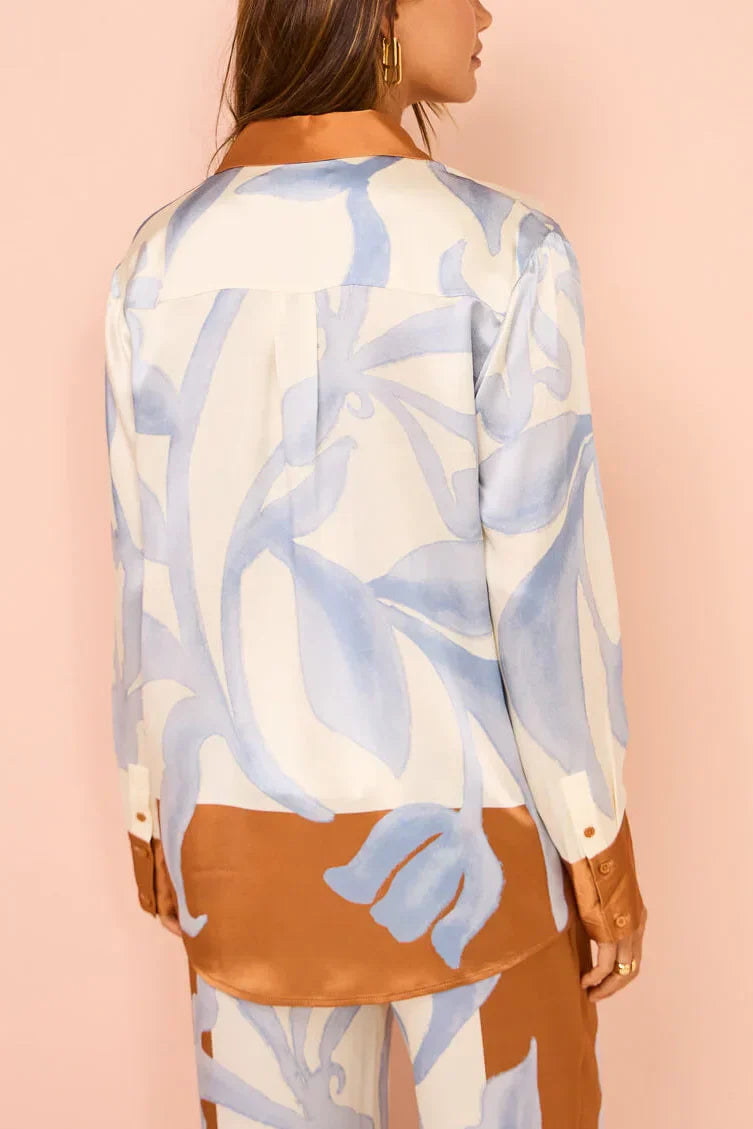 Naëlle | Ensemble pantalon fluide et chemise satinée à motif végétal pour femme