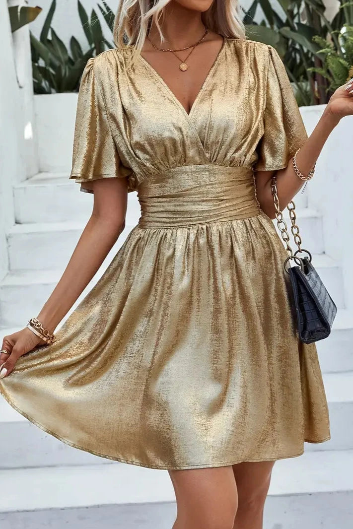 Laurie | Robe courte fluide à manches papillon et effet métallisé pour femme
