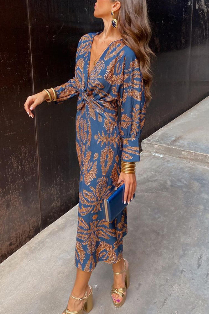 Yasmine | Robe midi à manches longues et imprimé doré pour femme